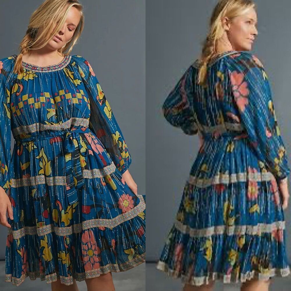Verb Women's Size S Eulalia Shimmer Tiered Tunic Dress Embroidered Boho Festival